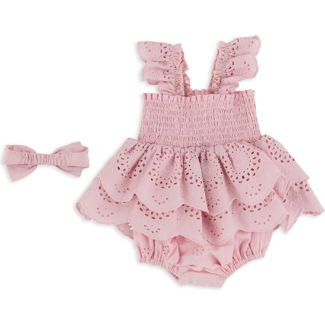 Eyelet Romper & Headwrap Set, Pink - Rompers - 3