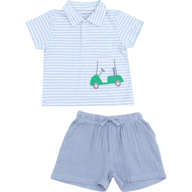 Polo Shirt with Applique and Muslin Short - Golf Blue Stripe, Blue