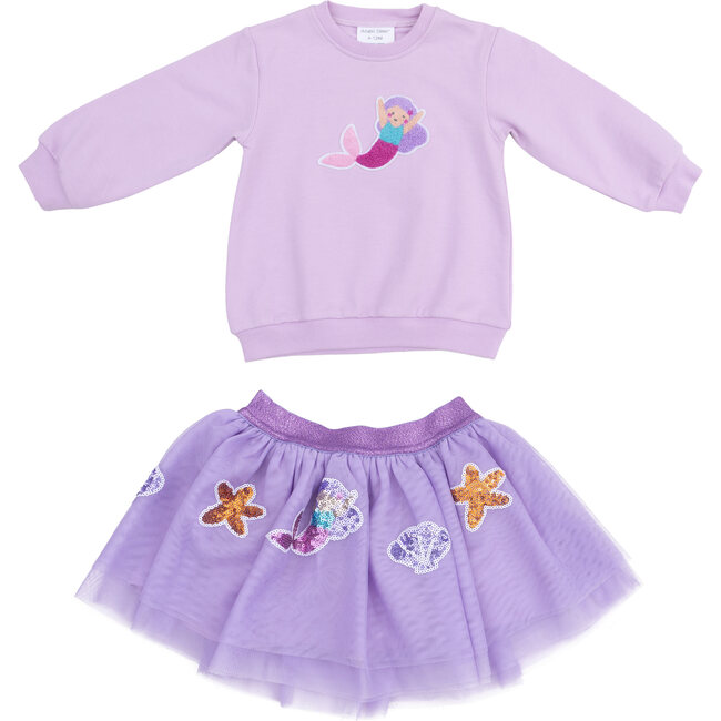 Mermaid Puffy Oversized Sweatshirt W/ Applique & Tutu Skirt, Purple