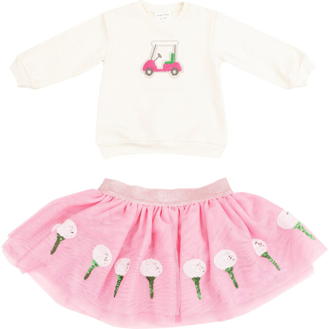 Golf Cart Pink Oversize Sweatshirt W/ Applique & Tutu Skirt, White