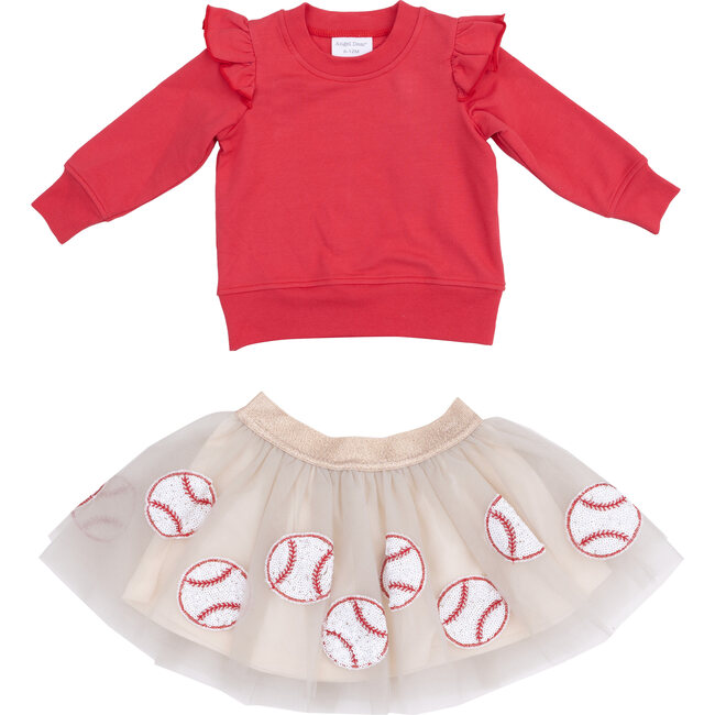 Red Ruffle Shoulder Sweatshirt & Baseball Oat Tutu Skirt, Red