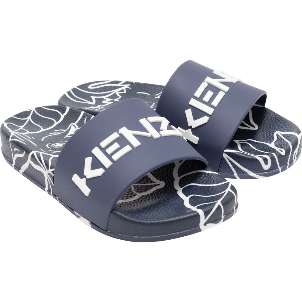 Tiger Print Logo Slides, Navy - Sandals - 1