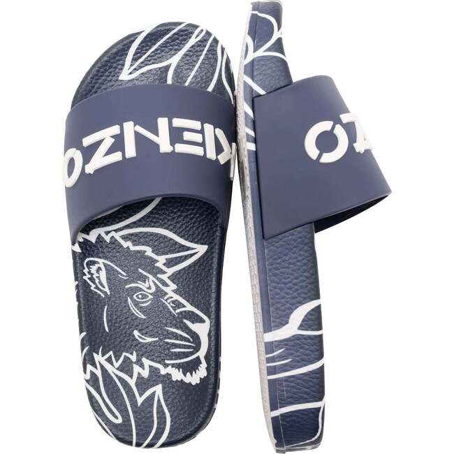 Tiger Print Logo Slides, Navy - Sandals - 5