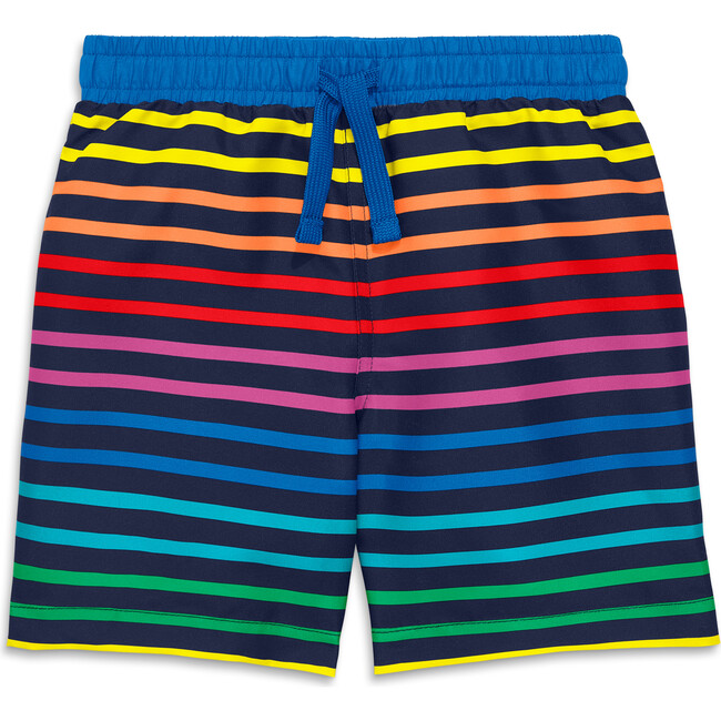 Kids Swim Trunk In Rainbow Stripe, Navy Bright Rainbow Stripe