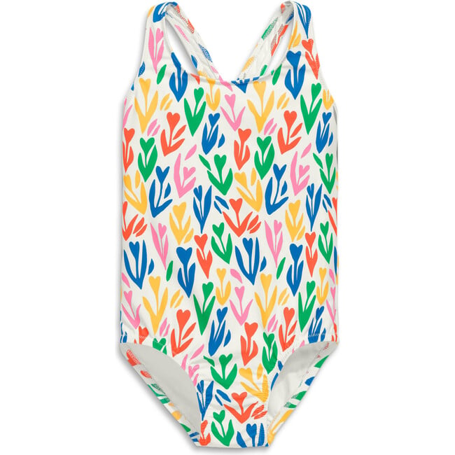 Kids One-Piece Swimsuit In Rainbow Tulip Fields, White Tulips