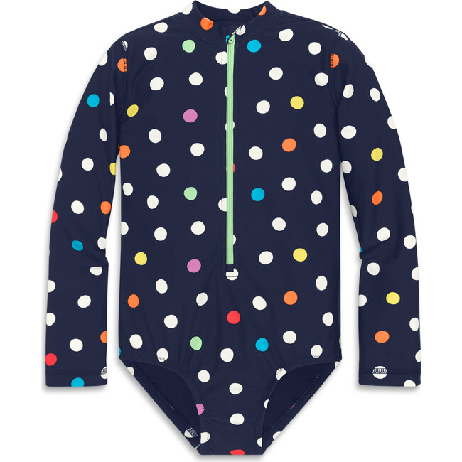 Kids Long Sleeve One-Piece Rash Guard In Rainbow Confetti Dots, Navy Rainbow Confetti Dots