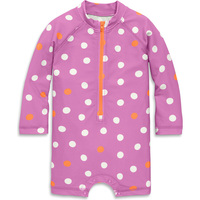 Kids Long Sleeve One-Piece Rash Guard In Confetti Dots, Lilac Multi Dots