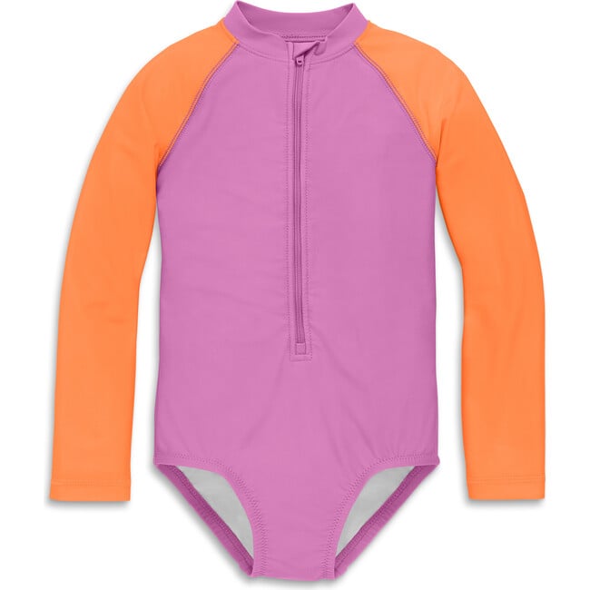 Kids Long Sleeve One-Piece Baseball Rash Guard, Lilac Cantaloupe