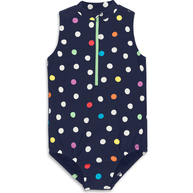 Kids Half-Zip Swimsuit In Rainbow Confetti Dots, Navy Rainbow Confetti Dots