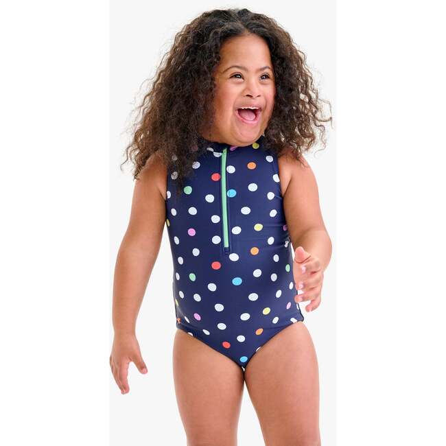 Kids Half-Zip Swimsuit In Rainbow Confetti Dots, Navy Rainbow Confetti Dots - One Pieces - 2