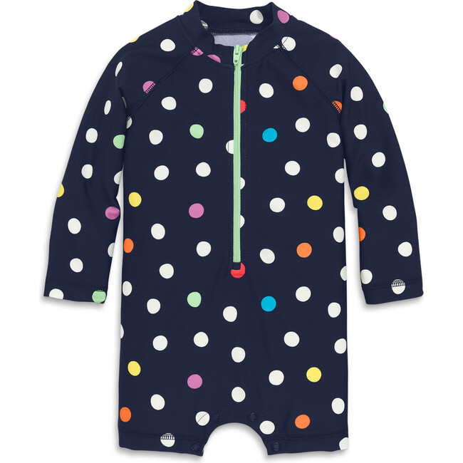 Baby One-Piece Rash Guard In Rainbow Confetti Dots, Navy Rainbow Confetti Dots