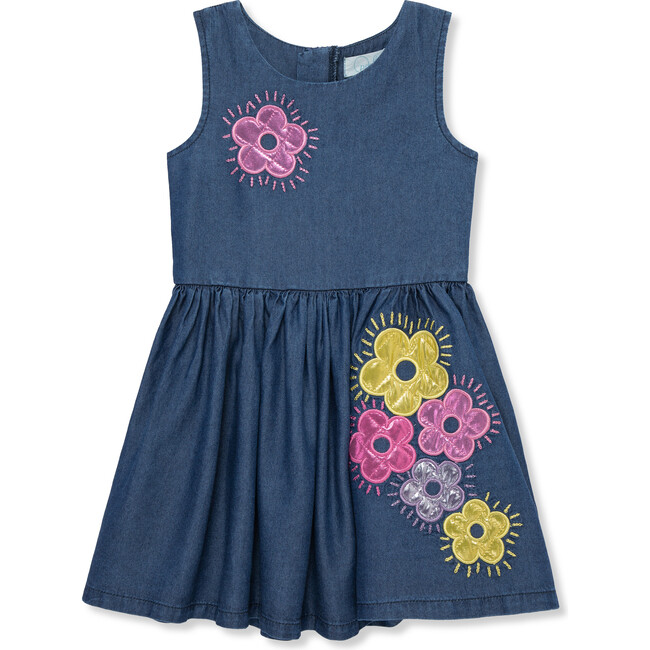 Metallic Florals Denim Dress, Indigo