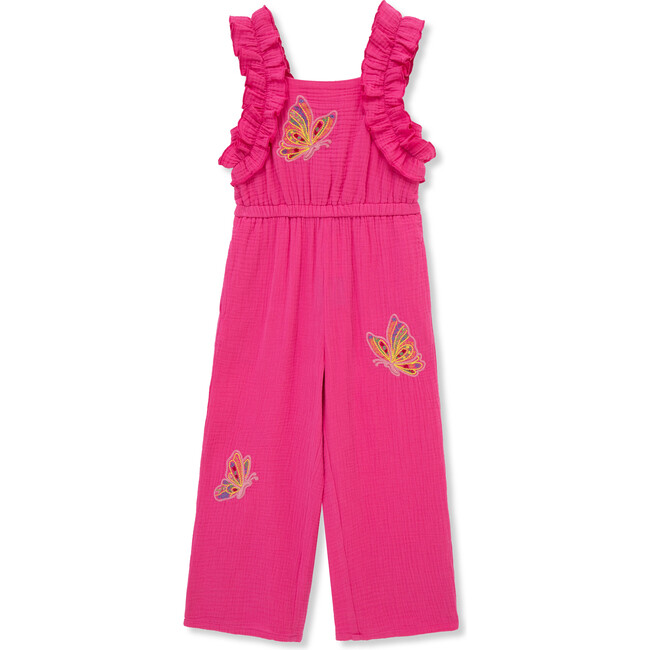 Embroidered Butterflies Gauze Jumpsuit, Hot Pink