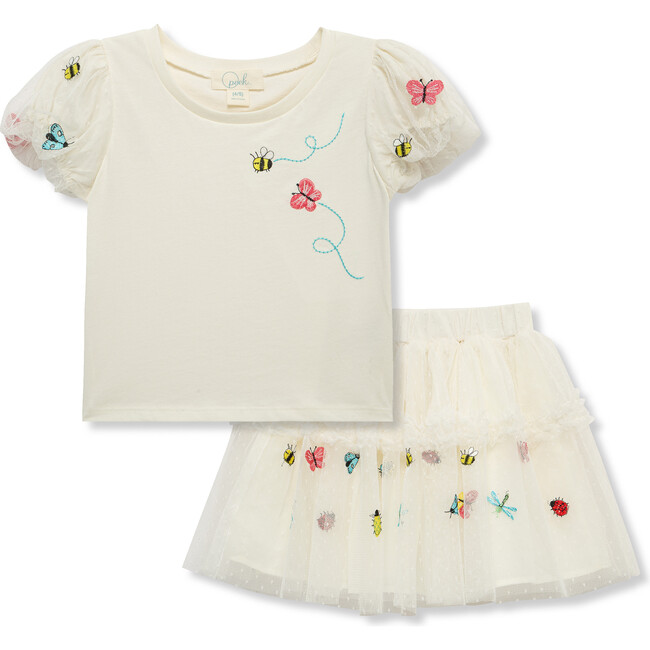 Embroidered Bees Skirt Set, Off-White