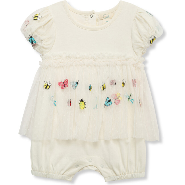 Baby Embroidered Mesh Romper, Off-White