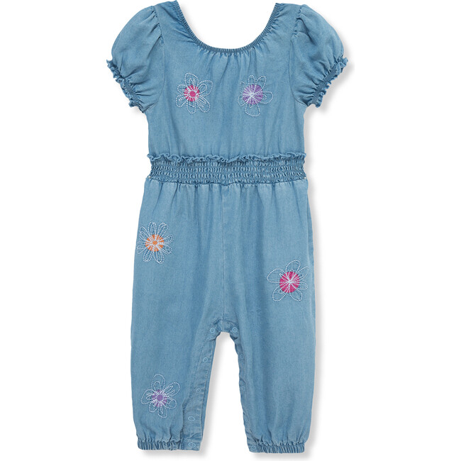 Baby Embroidered Lightweight Denim Jumpsuit, Indigo