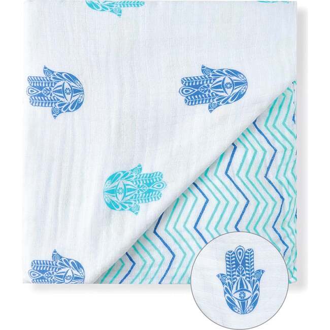 Organic Muslin Four-Layer Reversible Snug Blanket, Hamsa