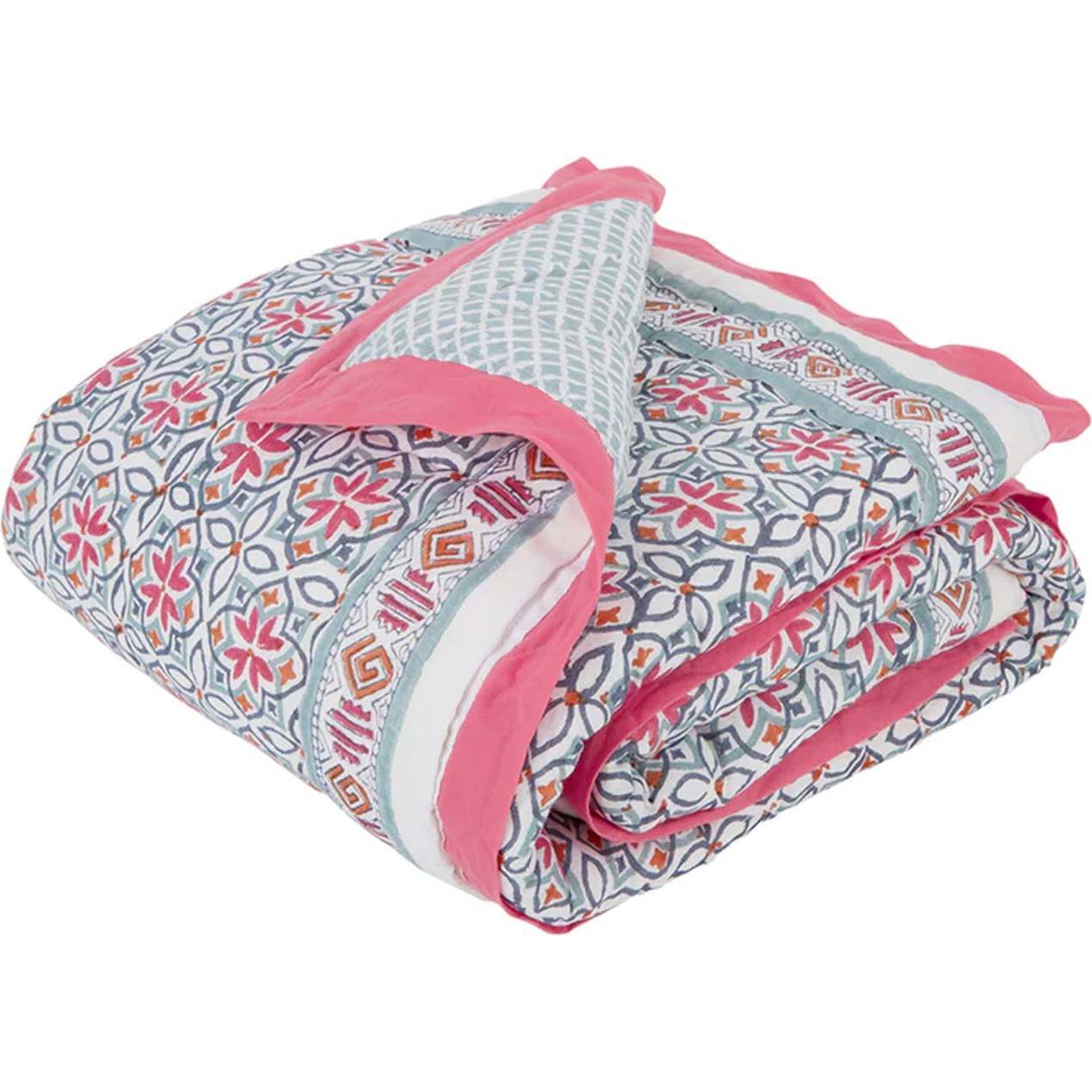 Block-Printed Cotton Crib Quilt, Seminyak Pink - Quilts - 1