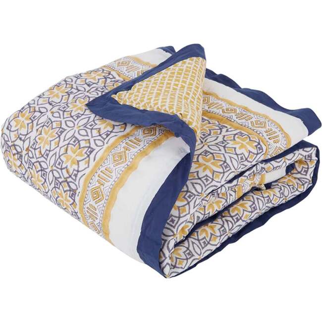 Block-Printed Cotton Crib Quilt, Seminyak Blue