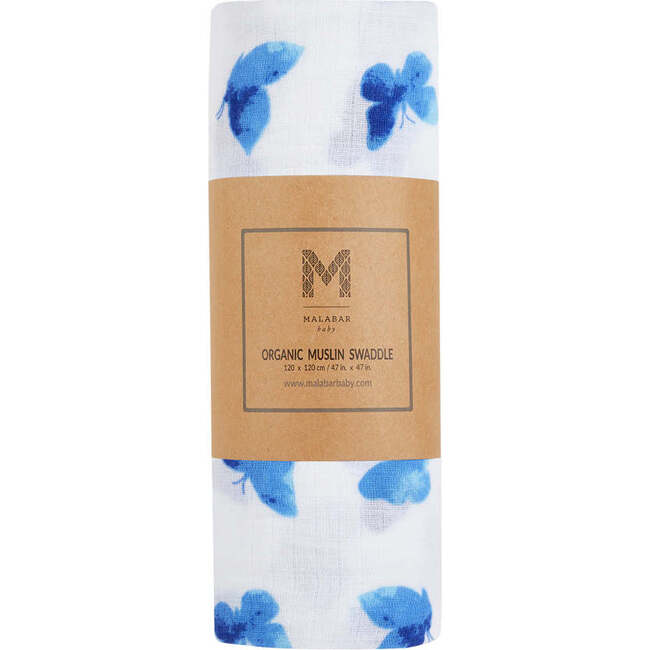 Organic Cotton Muslin Swaddle, Blue Butterfly - Swaddles - 5