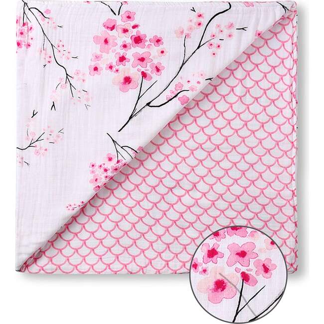 Organic Muslin Four-Layer Reversible Snug Blanket, Cherry Blossom