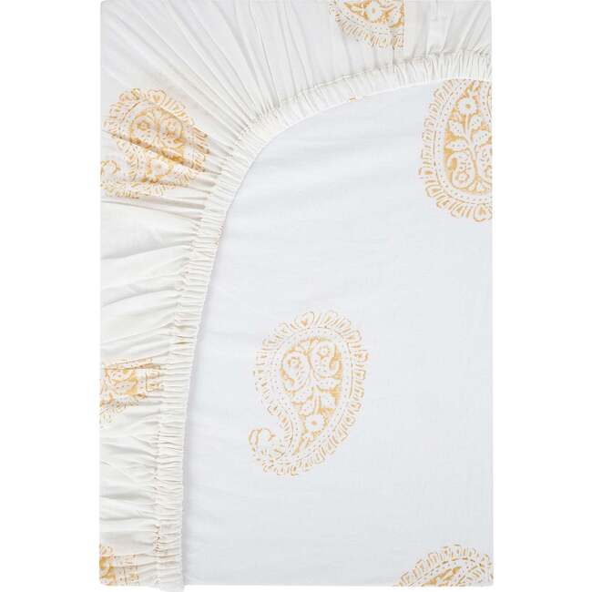 Block-Printed Cotton Fitted Crib Sheet, Mustard Paisley