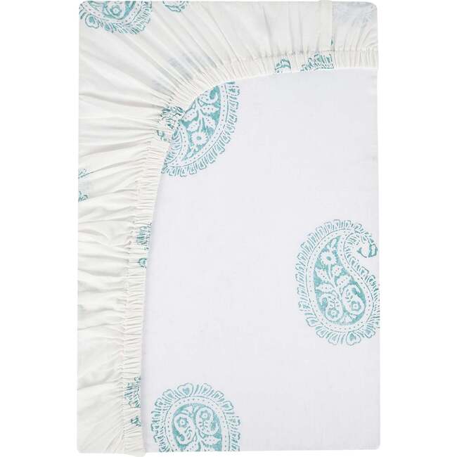 Block-Printed Cotton Fitted Crib Sheet, Teal Paisley