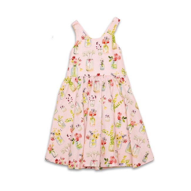 Cross Back Twirly Dress in Pink Plants