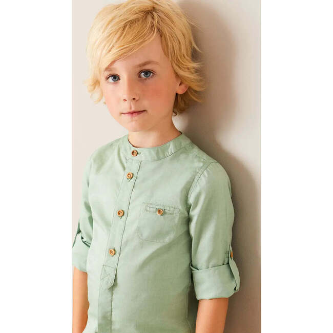 Plain Mao Collar Long Sleeve Shirt in Green - Shirts - 2