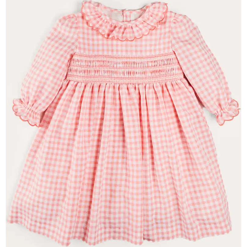 Gingham Smocked Ruffle Collar Long Sleeve Dress in Coral - Dresses - 1