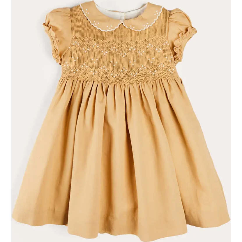 Hand Smocked Peter Pan Collar Short Sleeve Dress in Beige - Dresses - 1