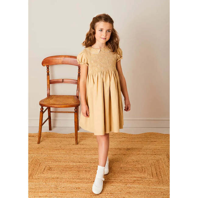 Hand Smocked Peter Pan Collar Short Sleeve Dress in Beige - Dresses - 2