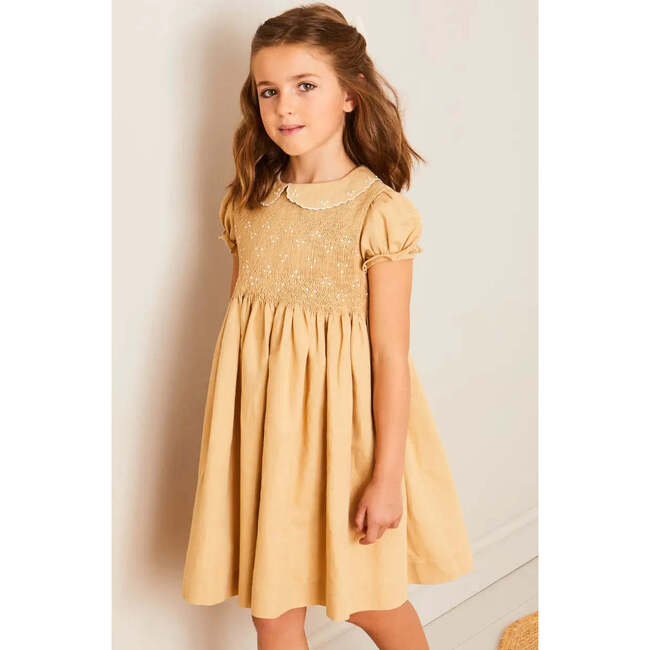 Hand Smocked Peter Pan Collar Short Sleeve Dress in Beige - Dresses - 4
