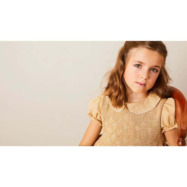 Hand Smocked Peter Pan Collar Short Sleeve Dress in Beige - Dresses - 6