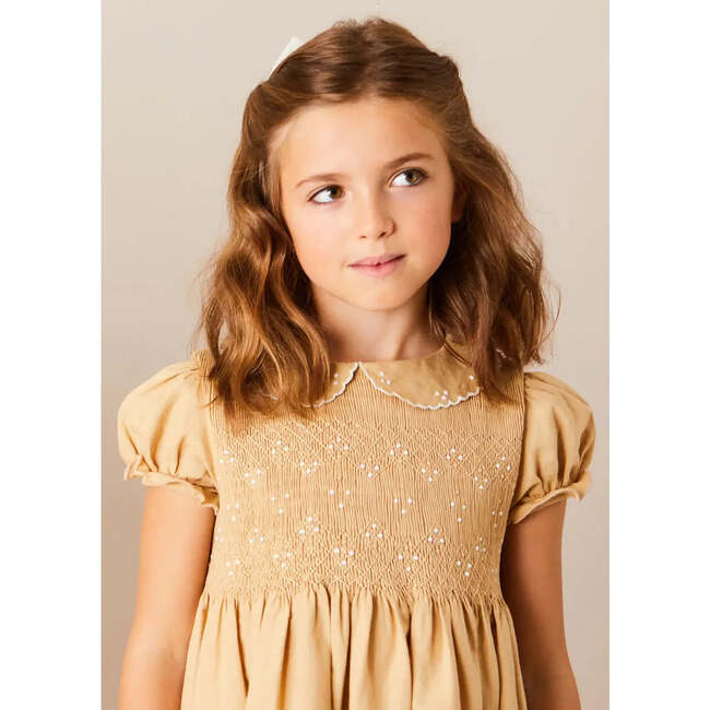 Hand Smocked Peter Pan Collar Short Sleeve Dress in Beige - Dresses - 7