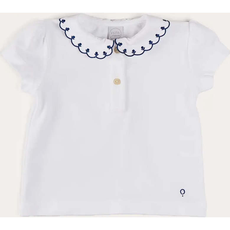 Embroidered Scallop Collar Short Sleeve Polo Shirt in Navy - Shirts - 1