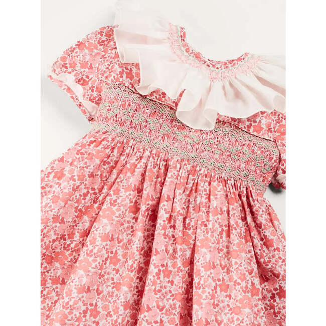 Emilia Floral Hand Smocked Ruffle Collar Short Sleeve Dress in Pink - Dresses - 7