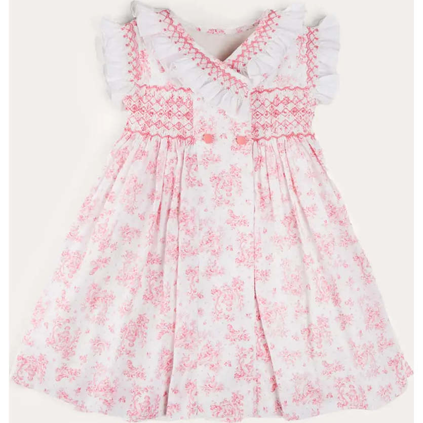 Audrey Toile Hand Smocked Double Breasted Sleeveless Dress in Pink - Dresses - 1
