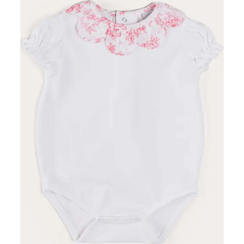 Audrey Toile Scallop Collar Short Sleeve Bodysuit in Pink - Onesies - 1
