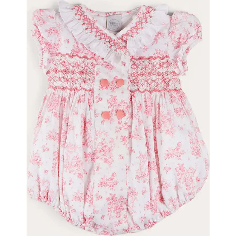 Audrey Hand Smocked Double Breasted Short Sleeve Romper in Pink - Rompers - 1