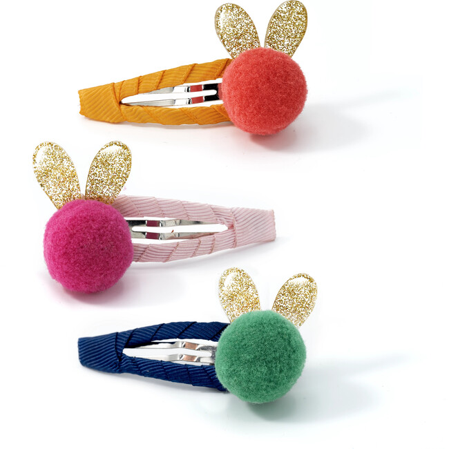 Bunny PomPom Fabric Covered Snap Clips - Hair Accessories - 1