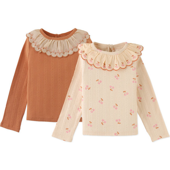 Baby Girls Long Sleeves Ribbed Jersey Tee With Embroidered Ruffle Collar Bundle, Multicolor