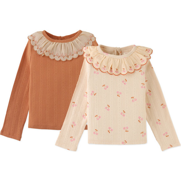 Baby Girls Long Sleeves Ribbed Jersey Tee With Embroidered Ruffle Collar Bundle, Multicolor - Blouses - 1