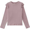 Girls Ribbed Knit Top With Fringe Detail and Standing Collar with Scallop, Pink - Blouses - 2