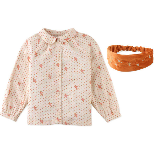 Baby Girls Long Sleeves Printed Blouse With Peter Pan Collar With Embroidered Turban, Beige