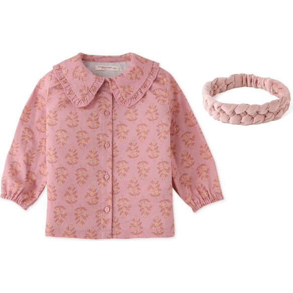 Baby Girls Long Sleeves Floral Printed Blouse With Ruffle Collar & Velvet Braided Headband, Pink