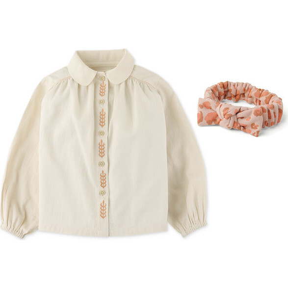 Baby Girls Long Sleeves Button Down Blouse With Embroidery Details With Leopard Print Turban, Multicolor - Blouses - 1