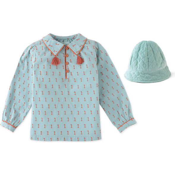 Baby Girls Dotted Cotton Dobby Blouse With Tassel On Collar & Velvet Quilted Cloche Hat, Blue