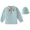 Baby Girls Dotted Cotton Dobby Blouse With Tassel On Collar & Velvet Quilted Cloche Hat, Blue - Blouses - 1 - thumbnail