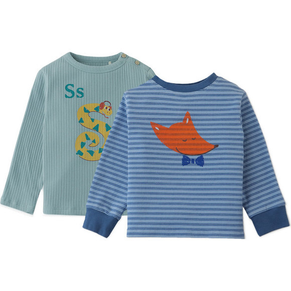 Baby Boys S for Snake Printed Ribbed T-shirt and Fox Print Ribbed Striped Tshirt Bundle, Blue - T-Shirts - 1